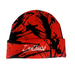 A red beanie with black splatters with a white deathwish logo. 