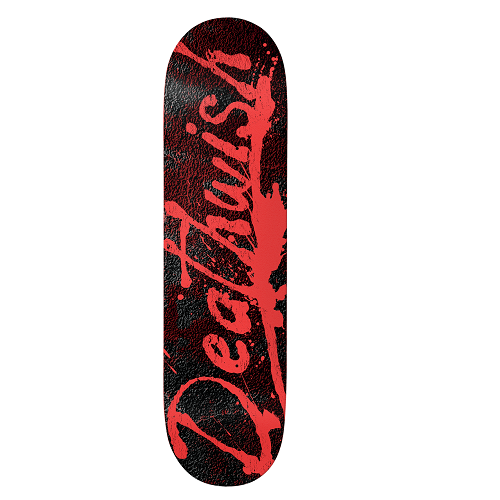 A black deathwish skateboard with a bloody deathwish logo in red. 