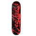 A black deathwish skateboard with a bloody deathwish logo in red. 