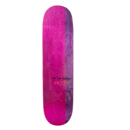 A skateboard deck with a vibrant pink and purple gradient wood grain finish, featuring the Jacuzzi branding near the center, set against a white background.