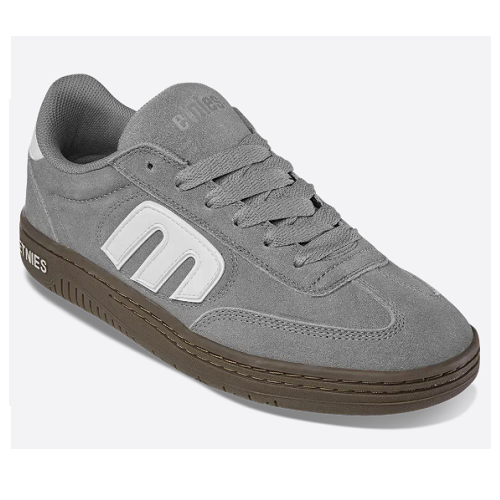 Grey Etnies shoe with dark grey sole.