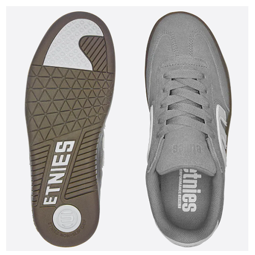 Grey Etnies shoe with dark grey sole.