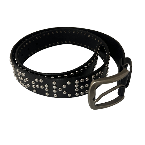 A black studded belt with a dark bronze-toned metal buckle, coiled on a plain white background.