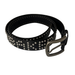 A black studded belt with a dark bronze-toned metal buckle, coiled on a plain white background.