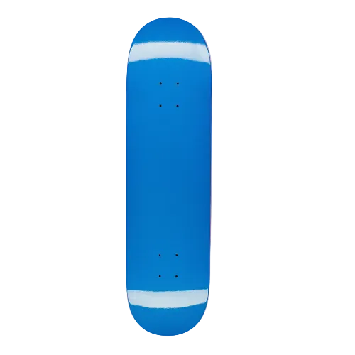 A blue FA skateboard with an embossed graphic and logo on a white background. 