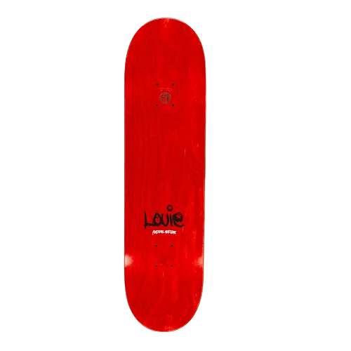 Top of an FA skateboard in red stain with text Louie and Fucking Awesome on a white background. 