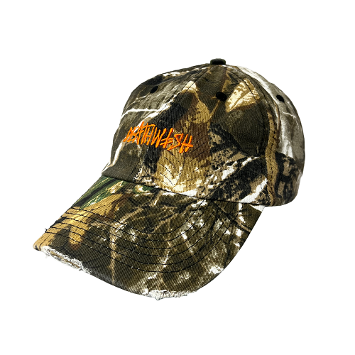 A camo deathwish hat with a deathspray logo in orange on a white background. 