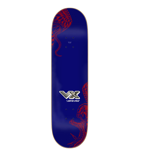 A skateboard deck shown from the top side, featuring a deep blue background with red eagle illustrations and a silver and black VFX Graphics logo in the center.