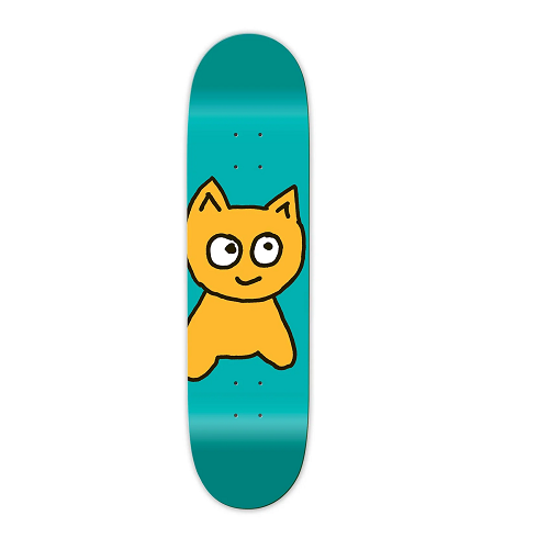 A Meow skateboard featuring a yellow cat on teal background. 