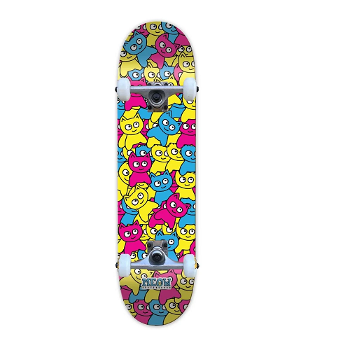 Complete Meow skateboard featuring cat sticker pile in multi colors.