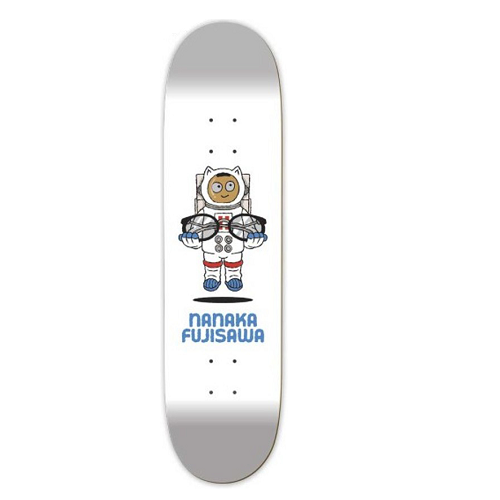 A Meow skateboard featuring Nanaka Fujisaw's cosmix graphic of a cat dressed in astronaut outfit on white background.