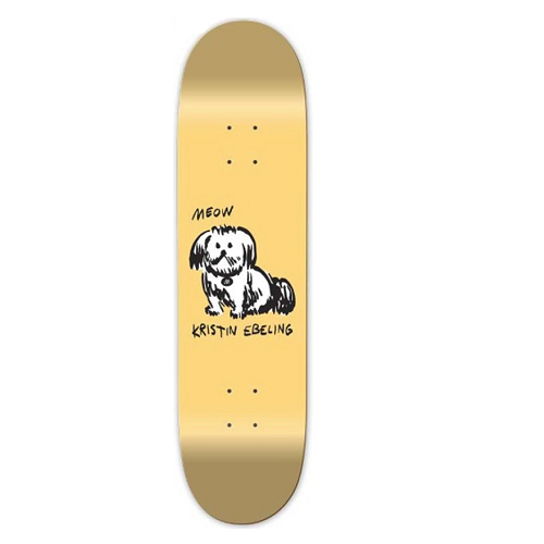 A Meow skateboard deck featuring Kristin Ebeling's Magoo dog on a beige background.
