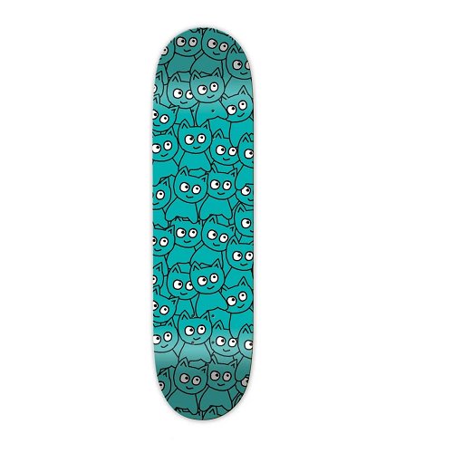 A Meow skateboard deck featuring cat sticker pile in teal. 