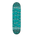 A Meow skateboard deck featuring cat sticker pile in teal. 