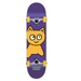 A complete Meow skateboard featuring a yellow cat on a purple background.