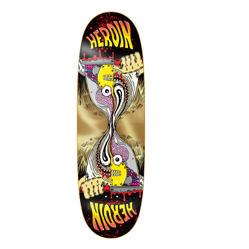 A Heroin skateboard featuring their merged egg graphic in gold with the text on each end reading Heroin. 