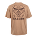 A tan crewneck t-shirt shown from the back, featuring a distressed black graphic of a horned skull inside a geometric frame with the word 'FALLEN' printed below.