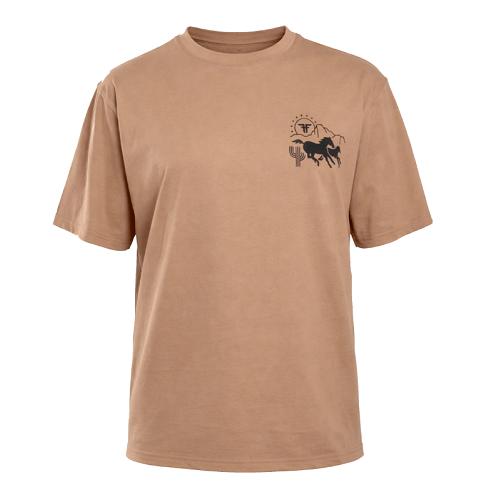 A tan short-sleeve crewneck t-shirt with a small black graphic of western picture of horses on the left chest, displayed on a solid white background.