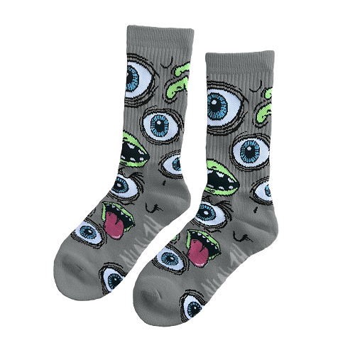Two Heroin Skateboards grey sock with eyes and mouth graphic. 