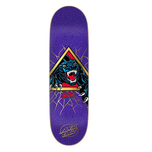 Purple Santa Cruz skateboard with Natas panther coming out of a gold triangle on a white background.