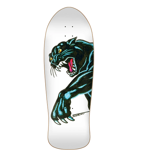 A white Santa Cruz Natas skateboard featuring a black panther reaching his paw out with claws extended on a white background. 