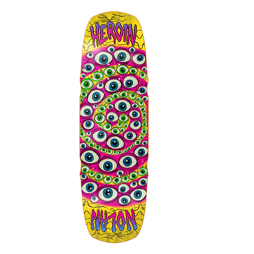 A yellow and pink Heroin Skateboard featuring lots of eyes in a spiral pattern with the text Heroin Nolan.