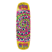 A yellow and pink Heroin Skateboard featuring lots of eyes in a spiral pattern with the text Heroin Nolan.