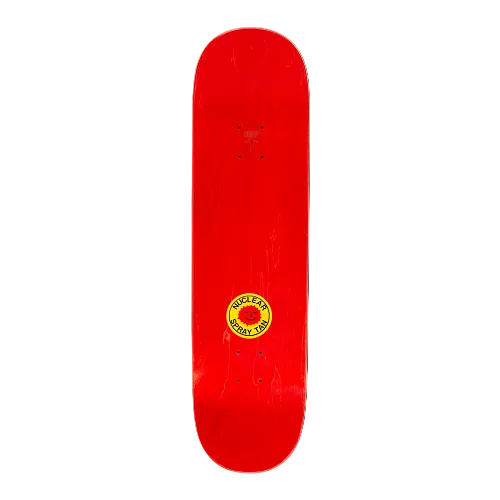 Top of a Hockey skateboard in red stain withe a yellow circle containing a sun and the words Nuclear Spray Tan