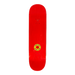 Top of a Hockey skateboard in red stain withe a yellow circle containing a sun and the words Nuclear Spray Tan