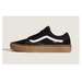 Side view of Vans Old Skool black and gum shoe. Black suede, white side stripe and gum sole.