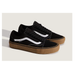 A pair of black Vans Old Skool sneakers with a white side stripe and brown gum soles, displayed on a light beige background.