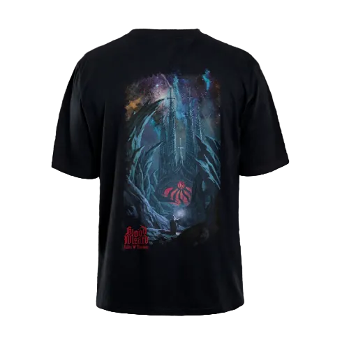 Back of a black Fallen footwear tshirt featuring a scene of castle and wizard with text reads Blood Wizard Fallen FF Miskell. 