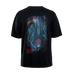 Back of a black Fallen footwear tshirt featuring a scene of castle and wizard with text reads Blood Wizard Fallen FF Miskell. 