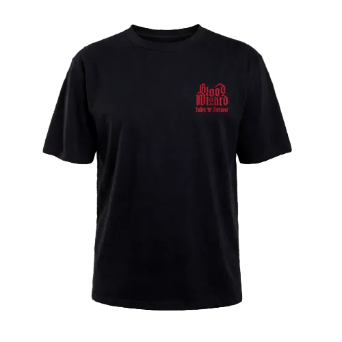 Front of a black tshirt Fallen footwear Blood Wizard skateboards collab, red text Blood Wizard Fallen FF Miskell on the left chest. 