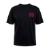 Front of a black tshirt Fallen footwear Blood Wizard skateboards collab, red text Blood Wizard Fallen FF Miskell on the left chest. 