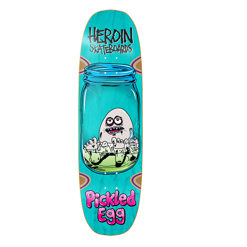 A blue Heroin Skateboard featuring an egg setting in a mason jar holding a bottle with the text Heroin Skateboards Pickled Egg. 