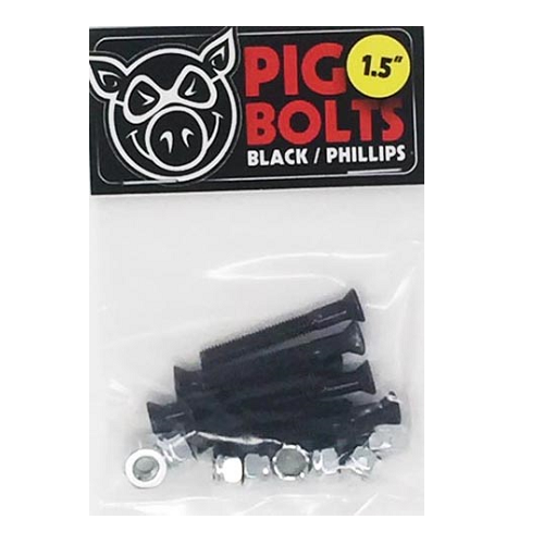A package of Pig Wheels phillips head hardware with text Pig Bolts Black/Phillips 1.5"