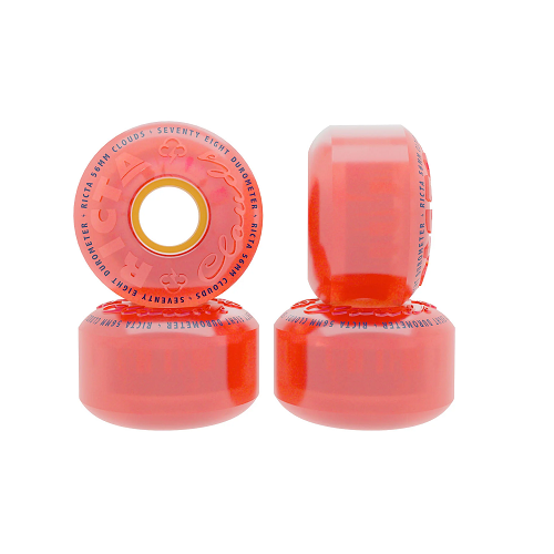 A set of 4 pink citrus color Ricta wheels. Three wheels shown from side view, one from front view. 