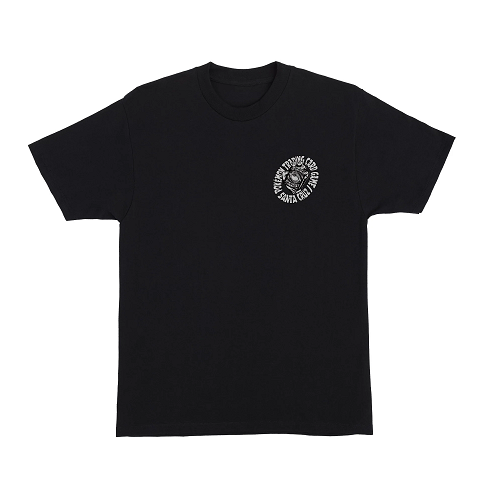 Front of a black tshirt featuring a grey hand holding a pack of pokemon cards with text circling the hand. Text reads Pokemon trading cards game Santa cruz. Text and graphic are white. 