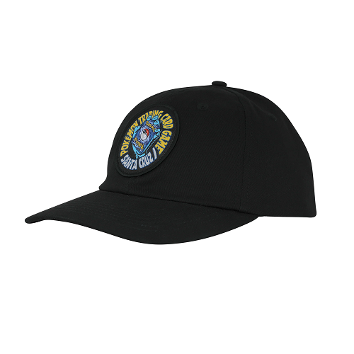 A black snapback hat with a patch featuring the Santa Cruz screaming hand holding a pack of pokemon cards. Text circling the hand in blue in yellow reads Pokemon Trading Card Game Santa Cruz. 