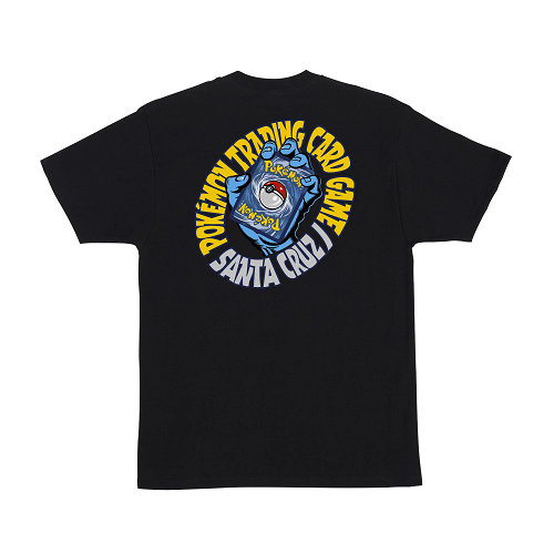 Back of a black tshirt featuring a blue hand holding a pack of pokemon cards with yellow and blue text circling the hand. Text reads Pokemon trading cards game Santa cruz. 