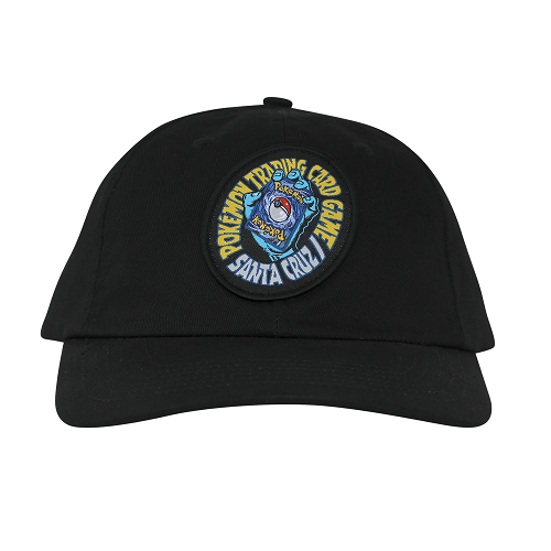 A black snapback hat with a patch featuring the Santa Cruz screaming hand holding a pack of pokemon cards. Text circling the hand in blue in yellow reads Pokemon Trading Card Game Santa Cruz. 