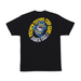 Back of a black tshirt featuring a blue hand holding a pack of pokemon cards with yellow and blue text circling the hand. Text reads Pokemon trading cards game Santa cruz. 