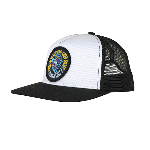 A white and black mesh trucker hat with a patch featuring the Santa Cruz screaming hand holding a pack of pokemon cards. Text circling the hand in blue in yellow reads Pokemon Trading Card Game Santa Cruz. 