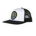A white and black mesh trucker hat with a patch featuring the Santa Cruz screaming hand holding a pack of pokemon cards. Text circling the hand in blue in yellow reads Pokemon Trading Card Game Santa Cruz. 