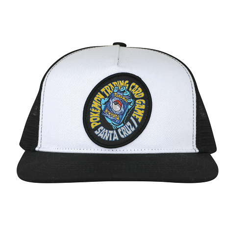 A white and black mesh trucker hat with a patch featuring the Santa Cruz screaming hand holding a pack of pokemon cards. Text circling the hand in blue in yellow reads Pokemon Trading Card Game Santa Cruz. 