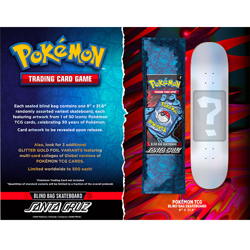 Promotional product graphic for a Pokémon Trading Card Game blind bag skateboard. The left side has a dark blue text panel with product details and the Pokémon logo.