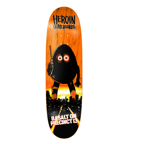 An orange Heroin skateboard featuring a very large egg man holding a gun towering over a city scape with the text Heroin Skateboards Basalt on Precinct 13.