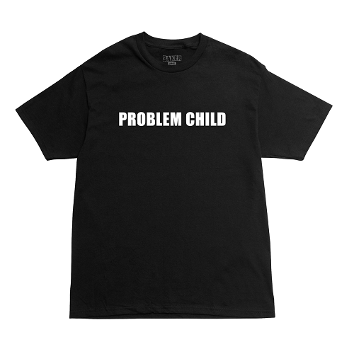 A black short-sleeve t-shirt with words "problem child" across the chest a white background.