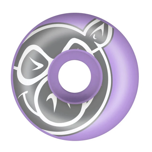 Front of a purple Pig skateboard wheel featuring a large gray and white pig head. 